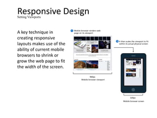 Responsive Design
A key technique in
creating responsive
layouts makes use of the
ability of current mobile
browsers to shrink or
grow the web page to fit
the width of the screen.
Setting Viewports
 