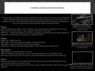 CODES AND CONVENTIONS


Codes and conventions shape what is expected and what is produced when you are creating a new media product.
   I had to look at the typical codes and conventions of the genre’s we had chosen so we could use them as
 guidelines and create a successful film like real media products already. These are the camera, editing, mise-en-
                  scene and sound conventions that I found in the 4 film openings I looked at:
                                                                                                                        Above: From the film ‘Dorian
Camera:                                                                                                                Gray’ showing a Close-up shot of
•Quick changes in camera angles – LS to CU quickly – pace is faster and picks up audience’s attention more                    an important object
•Close-ups of key subjects/events – shows importance/relevance to the storyline
•Wide shots – establish surroundings, but normally surroundings are in darkness and even though audience are
being shown a wide shot, they can’t always see the background clearly

Editing:
•Quick cuts – make the pace fast
•High angles – show that characters are in danger, suspense for audience
•Low angles – empower the characters, heroic, excites audience                                                       Above: From the film ‘Law Abiding
•Dark colours – different techniques including black and white, blurred edges, tail feathers, etc.                   Citizen’ showing a High angle shot of
                                                                                                                              one of the characters
Mise-en-place:
•Dark lighting - mystery, hard to make out scenery
•Dark coloured props and background – eeriness, sets the mood and tone to very suspicious, creepy
•Not many objects in scene/only relevant ones – doesn’t draw audience’s attention away from main action

Sound:
•Music that creates tension – sets the mood of the scene, audience can guess what might happen from the
music, puts the audience on edge, sets the scene
•Short, sharp sounds to exaggerate movements/actions – draws audience’s attention to the action more, makes itAbove: From the film ‘Psycho’ showing a
important                                                                                                      scene in almost darkness so it’s hard for
                                                                                                                  audience to make out what’s happening
 