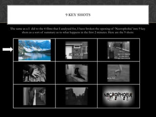 9 KEY SHOTS


The same as a I did to the 4 films that I analysed for, I have broken the opening of ‘Necrophobia’ into 9 key
        shots as a sort of summary as to what happens in the first 2 minutes. Here are the 9 shots:
 