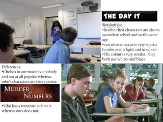 The Day It
Similarities:
Ended

•In mbn their characters are also in
secondary school and so the same
age.
• our mise en scene is very similar
to mbn as it is light and in school.
•The colour is very similar. They
both use whites and blues
Differences:
•Chelsea in our movie is a nobody
and not at all popular whereas
mbn’s characters are the opposite

•Mbn has a romantic side to it
whereas ours does not.

 