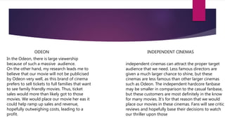 In the Odeon, there is large viewership
because of such a massive audience.
On the other hand, my research leads me to
believe that our movie will not be publicised
by Odeon very well, as this brand of cinema
prefers to sell tickets to full families that want
to see family friendly movies. Thus, ticket
sales would more than likely got to those
movies. We would place our movie her eas it
could help ramp up sales and revenue,
hopefully outweighing costs, leading to a
profit.
ODEON INDEPENDENT CINEMAS
independent cinemas can attract the proper target
audience that we need. Less famous directors are
given a much larger chance to shine, but these
cinemas are less famous than other larger cinemas
such as Odeon. The independent hardcore fanbase
may be smaller in comparison to the casual fanbase,
but these customers are most definitely in the know
for many movies. It’s for that reason that we would
place our movies in these cinemas. Fans will see critic
reviews and hopefully base their decisions to watch
our thriller upon those
 