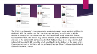 The Woking ambassador’s cinema’s website works in the exact same way to the Odeon in
Guildford, with the movies that the cinema knows are going to sell tickets to whole
families at the top and the movies that are considered to be much more adult further
towards the bottom. The movies may be in a different order, but the two 15 rated movies
are right at the bottom still. Considering the fact that our movie is not only a thriller, but
is targeted towards 18-20 year olds, which would put it at the bottom of the page, where
it’s pretty much out of sight and will not sell as well as, say, Disney’s Moana despite being
shown in the same cinema.
 