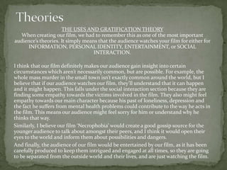 THE USES AND GRATIFICATION THEORY
  When creating our film, we had to remember this as one of the most important
audience’s theories. It simply means that the audience watches your film for either for
     INFORMATION, PERSONAL IDENTITY, ENTERTAINMENT, or SOCIAL
                                   INTERACTION.

I think that our film definitely makes our audience gain insight into certain
circumstances which aren’t necessarily common, but are possible. For example, the
whole mass murder in the small town isn’t exactly common around the world, but I
believe that if our audience watches our film, they’ll understand that it can happen
and it might happen. This falls under the social interaction section because they are
finding some empathy towards the victims involved in the film. They also might feel
empathy towards our main character because his past of loneliness, depression and
the fact he suffers from mental health problems could contribute to the way he acts in
the film. This means our audience might feel sorry for him or understand why he
thinks that way.
Similarly, I believe our film ‘Necrophobia’ would create a good gossip source for the
younger audience to talk about amongst their peers, and I think it would open their
eyes to the world and inform them about possibilities and dangers.
And finally, the audience of our film would be entertained by our film, as it has been
carefully produced to keep them intrigued and engaged at all times, so they are going
to be separated from the outside world and their lives, and are just watching the film.
 