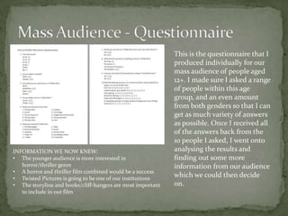 This is the questionnaire that I
                                                             produced individually for our
                                                             mass audience of people aged
                                                             12+. I made sure I asked a range
                                                             of people within this age
                                                             group, and an even amount
                                                             from both genders so that I can
                                                             get as much variety of answers
                                                             as possible. Once I received all
                                                             of the answers back from the
                                                             10 people I asked, I went onto
INFORMATION WE NOW KNEW:                                     analysing the results and
• The younger audience is more interested in                 finding out some more
   horror/thriller genre                                     information from our audience
• A horror and thriller film combined would be a success
• Twisted Pictures is going to be one of our institutions
                                                             which we could then decide
• The storyline and hooks/cliff-hangers are most important   on.
   to include in our film
 