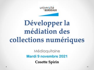 Développer la
médiation des
collections numériques
Médiaquitaine
Mardi 9 novembre 2021
Cosette Spirin
1
 
