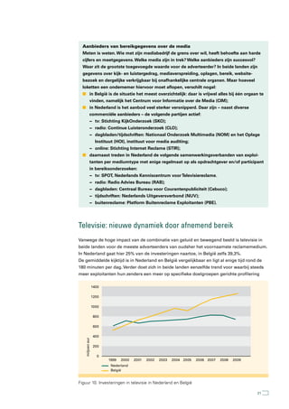 Aanbieders van bereikgegevens over de media
  Meten is weten. Wie met zijn mediabedrijf de grens over wil, heeft behoefte aan harde
  cijfers en meetgegevens. Welke media zijn in trek? Welke aanbieders zijn succesvol?
  Waar zit de grootste toegevoegde waarde voor de adverteerder? In beide landen zijn
  gegevens over kijk- en luistergedrag, mediaverspreiding, oplagen, bereik, website-
  bezoek en dergelijke verkrijgbaar bij onafhankelijke centrale organen. Maar hoeveel
  loketten een ondernemer hiervoor moet aflopen, verschilt nogal:
  n in België is de situatie het meest overzichtelijk: daar is vrijwel alles bij één orgaan te
            vinden, namelijk het Centrum voor Informatie over de Media (CIM);
  n in Nederland is het aanbod veel sterker versnipperd. Daar zijn – naast diverse
            commerciële aanbieders – de volgende partijen actief:
            − tv: Stichting KijkOnderzoek (SKO);
            − radio: Continue Luisteronderzoek (CLO);
            − dagbladen/tijdschriften: Nationaal Onderzoek Multimedia (NOM) en het Oplage
                   Instituut (HOI), instituut voor media auditing;
            − online: Stichting Internet Reclame (STIR);
  n daarnaast treden in Nederland de volgende samenwerkingsverbanden van exploi-
            tanten per mediumtype met enige regelmaat op als opdrachtgever en/of participant
            in bereiksonderzoeken:
            − tv: SPOT, Nederlands Kenniscentrum voor Televisiereclame.
            − radio: Radio Advies Bureau (RAB);
            − dagbladen: Centraal Bureau voor Courantenpubliciteit (Cebuco);
            − tijdschriften: Nederlands Uitgeversverbond (NUV);
            − buitenreclame: Platform Buitenreclame Exploitanten (PBE).




televisie: nieuwe dynamiek door afnemend bereik
Vanwege de hoge impact van de combinatie van geluid en bewegend beeld is televisie in
beide landen voor de meeste adverteerders van oudsher het voornaamste reclamemedium.
In Nederland gaat hier 25% van de investeringen naartoe, in België zelfs 39,3%.
De gemiddelde kijktijd is in Nederland en België vergelijkbaar en ligt al enige tijd rond de
180 minuten per dag. Verder doet zich in beide landen eenzelfde trend voor waarbij steeds
meer exploitanten hun zenders een meer op specifieke doelgroepen gerichte profilering

                 1400

                 1200

                 1000

                 800

                 600

                 400
   miljoen eur




                 200

                    0
                         1999   2000   2001   2002   2003   2004 2005   2006 2007   2008   2009
                          Nederland
                          België


Figuur 10. Investeringen in televisie in Nederland en België

                                                                                                  21
 