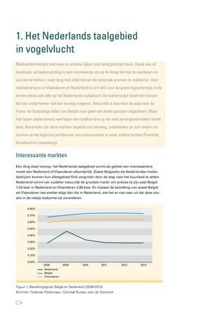 1. Het nederlands taalgebied
in vogelvlucht
Mediaondernemers met visie en ambitie kijken over landsgrenzen heen. Deels ook uit
noodzaak: schaalvergroting is een voorwaarde om op de lange termijn te overleven en
succes te hebben, maar lang niet altijd binnen de nationale grenzen te realiseren. Voor
mediabedrijven in Vlaanderen en nederland is zo’n blik over de grens logischerwijs in de
eerste plaats een blik op het nederlands taalgebied. De taalsynergie biedt hier kansen
die een ondernemer niet kan en mag negeren. natuurlijk is daarmee de stap naar de
Frans- en Duitstalige delen van België voor geen van beide groepen uitgesloten. Maar
hier lopen ondernemers wel tegen een taalbarrière op die veel synergievoordelen teniet
doet. Bovendien zijn deze markten beperkt van omvang, ontwikkelen ze zich anders én
vormen ze het logische jachtterrein van concurrenten in weer andere landen (Frankrijk,
Duitsland en luxemburg).


Interessante markten
Eén ding staat voorop: het Nederlands taalgebied vormt als geheel een interessantere
markt dan Nederland of Vlaanderen afzonderlijk. Zowel Belgische als Nederlandse media-
bedrijven kunnen hun afzetgebied flink vergroten door de stap naar het buurland te zetten.
Nederland vormt van oudsher natuurlijk de grootste markt: om precies te zijn past België
1,53 keer in Nederland en Vlaanderen 2,66 keer. En hoewel de bevolking van zowel België
als Vlaanderen iets sneller stijgt dan die in Nederland, ziet het er niet naar uit dat deze situ-
atie in de nabije toekomst zal veranderen.


       0,80%

       0,70%

       0,60%

       0,50%

       0,40%

       0,30%

       0,20%

       0,10%

       0,00%
                  2008          2009         2010        2011          2012        2013
                   Nederland
                   België
                   Vlaanderen


Figuur 1. Bevolkingsgroei België en Nederland (2008-2013)
Bronnen: Federaal Planbureau, Centraal Bureau voor de Statistiek


   6
 