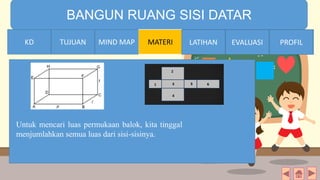 TIME LIMIT:
1 minute
BANGUN RUANG SISI DATAR
KD TUJUAN MIND MAP MATERI LATIHAN EVALUASI PROFIL
Untuk mencari luas permukaan balok, kita tinggal
menjumlahkan semua luas dari sisi-sisinya.
MIND MAPTUJUANKD LATIHAN EVALUASI PROFIL
 