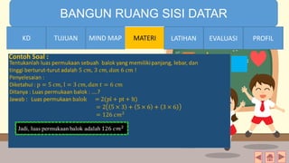 TIME LIMIT:
1 minute
BANGUN RUANG SISI DATAR
KD TUJUAN MIND MAP MATERI LATIHAN EVALUASI PROFIL
Contoh Soal :
MIND MAPTUJUANKD LATIHAN EVALUASI PROFIL
 