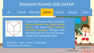 TIME LIMIT:
1 minute
BANGUN RUANG SISI DATAR
KD TUJUAN MIND MAP MATERI LATIHAN EVALUASI PROFIL
Prisma adalah bangun ruang yang bidang
alasnya kongruen dan sejajar bidang
atasnya, dan semua bidang tegaknya
berbentuk segiempat. Sehingga rusuk
pada bidang alas dan atas yang berhadap-
hadapan sama panjang dan sejajar.
Pemberian nama prisma berdasarkan
banyak segi pada alasnya
MIND MAPTUJUANKD LATIHAN EVALUASI PROFIL
 