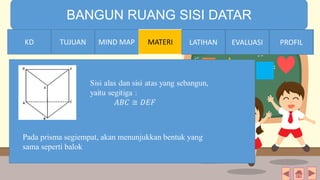 TIME LIMIT:
1 minute
BANGUN RUANG SISI DATAR
KD TUJUAN MIND MAP MATERI LATIHAN EVALUASI PROFIL
Pada prisma segiempat, akan menunjukkan bentuk yang
sama seperti balok
MIND MAPTUJUANKD LATIHAN EVALUASI PROFIL
 