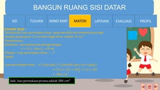 TIME LIMIT:
1 minute
BANGUN RUANG SISI DATAR
KD TUJUAN MIND MAP MATERI LATIHAN EVALUASI PROFIL
Contoh Soal :
MIND MAPTUJUANKD LATIHAN EVALUASI PROFIL
 