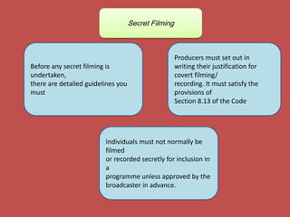 Secret Filming



                                                     Producers must set out in
Before any secret filming is                         writing their justification for
undertaken,                                          covert filming/
there are detailed guidelines you                    recording. It must satisfy the
must                                                 provisions of
                                                     Section 8.13 of the Code.




                         Individuals must not normally be
                         filmed
                         or recorded secretly for inclusion in
                         a
                         programme unless approved by the
                         broadcaster in advance.
 