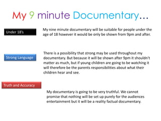 My 9 minute Documentary…
                     My nine minute documentary will be suitable for people under the
 Under 18’s
                     age of 18 however it would be only be shown from 9pm and after.



                     There is a possibility that strong may be used throughout my
 Strong Language     documentary. But because it will be shown after 9pm it shouldn't
                     matter as much, but if young children are going to be watching it
                     will therefore be the parents responsibilities about what their
                     children hear and see.


Truth and Accuracy
                       My documentary is going to be very truthful. We cannot
                       promise that nothing will be set up purely for the audiences
                       entertainment but it will be a reality factual documentary.
 