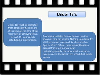 Under 18’s

Under 18s must be protected
from potentially harmful and
offensive material. One of the
main ways of achieving this is
   through the appropriate       Anything unsuitable for any viewers must be
 scheduling of programmes.       shown at nine pm or later. Nothing unsuitable for
                                 children should, in general, be shown before
                                 9pm or after 5.30 am. there should then be a
                                 gradual transition to more adult
                                 material, generally, the more adult in nature a
                                 programme is, the later in the schedule it should
                                 appear.
 