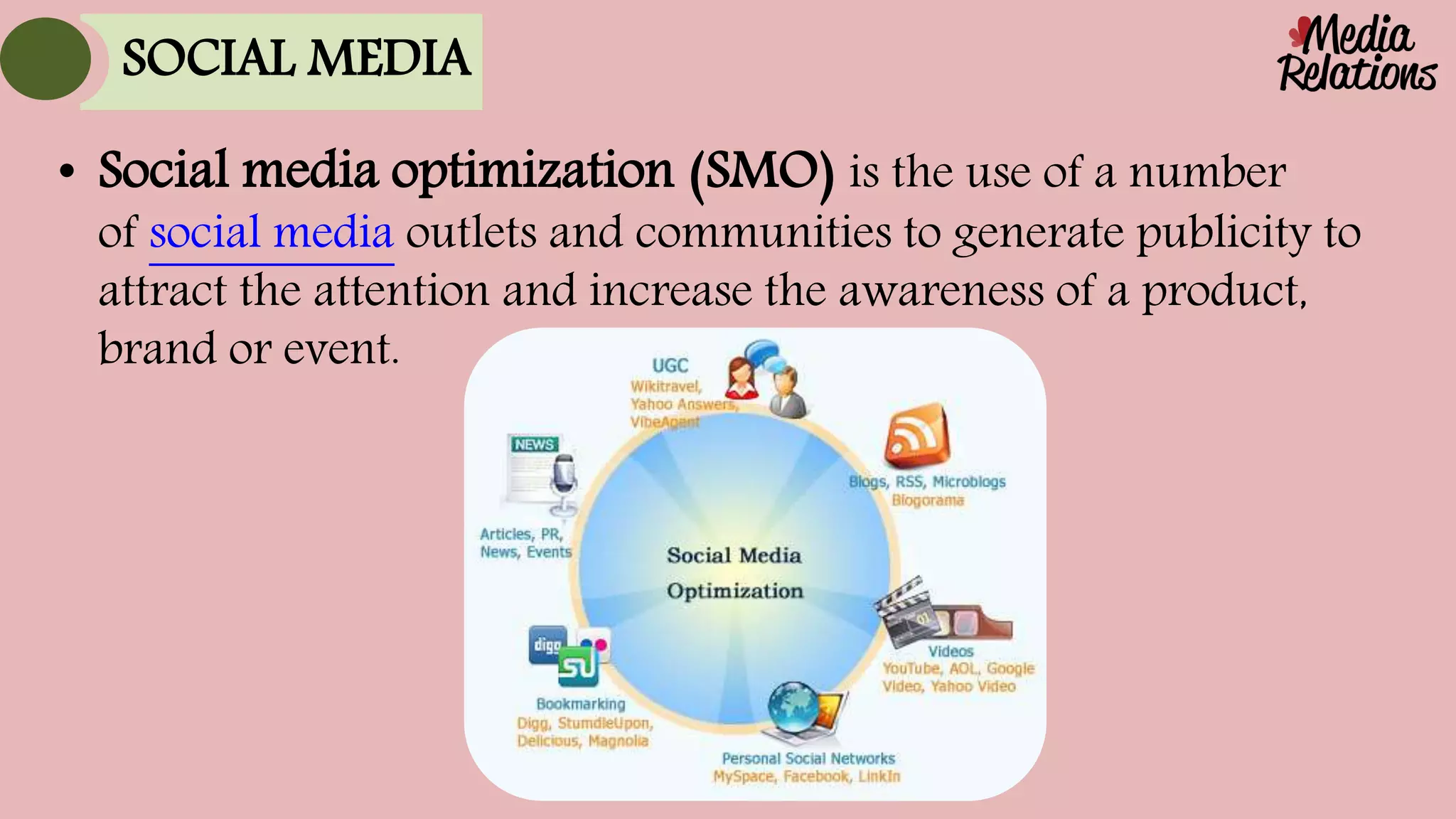 • Social media optimization (SMO) is the use of a number
of social media outlets and communities to generate publicity to
attract the attention and increase the awareness of a product,
brand or event.
SOCIAL MEDIA
 