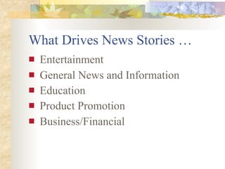 What Drives News Stories …
   Entertainment
   General News and Information
   Education
   Product Promotion
   Business/Financial
 