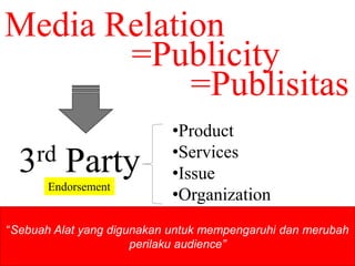 Media Relation 
=Publicity 
=Publisitas 
3rd Party 
•Product 
•Services 
•Issue 
•Organization 
“Sebuah Alat yang digunakan untuk mempengaruhi dan merubah 
perilaku audience” 
Endorsement 
 