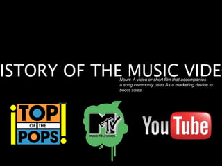 HISTORY OF THE MUSIC VIDEO Noun: A video or short film that accompanies 
a song commonly used As a marketing device to 
boost sales. 
 