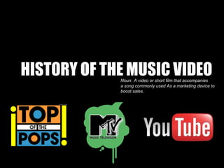 HISTORY OF THE MUSIC VIDEO Noun: A video or short film that accompanies 
a song commonly used As a marketing device to 
boost sales. 
 