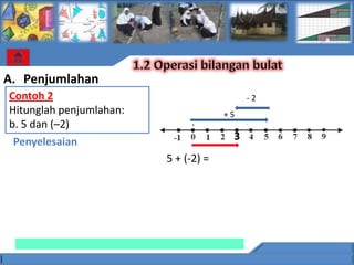 A. Penjumlahan
Contoh 2                                   -2
Hitunglah penjumlahan:                +5
b. 5 dan (–2)
 Penyelesaian                          3
                         5 + (-2) =
 