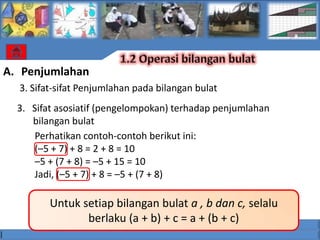 A. Penjumlahan
  3. Sifat-sifat Penjumlahan pada bilangan bulat
  3. Sifat asosiatif (pengelompokan) terhadap penjumlahan
     bilangan bulat
      Perhatikan contoh-contoh berikut ini:
      (–5 + 7) + 8 = 2 + 8 = 10
      –5 + (7 + 8) = –5 + 15 = 10
      Jadi, (–5 + 7) + 8 = –5 + (7 + 8)

         Untuk setiap bilangan bulat a , b dan c, selalu
                berlaku (a + b) + c = a + (b + c)
 