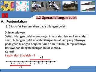 A. Penjumlahan
  3. Sifat-sifat Penjumlahan pada bilangan bulat
  5. Invers/lawan
  Setiap bilangan bulat mempunyai invers atau lawan. Lawan dari
  suatu bulangan bulat adalah bilangan bulat lain yang letaknya
  pada garis bilangan berjarak sama dari titik nol, tetapi arahnya
  berlawanan dengan bilangan bulat semula.
  Contoh:
  Lawan dari 5 adalah - 5
                             +5


            -5
 