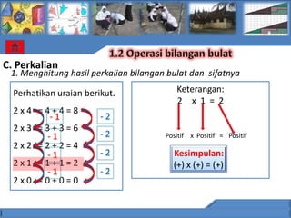 C. Perkalian
 1. Menghitung hasil perkalian bilangan bulat dan sifatnya

  Perhatikan uraian berikut.              Keterangan:
                                          2 x 1 = 2
  2x4 =4+4=8
        -1              -2
  2x3 =3+3=6
       -1               -2             Positif x Positif = Positif
  2x2 =2+2=4
       -1               -2               Kesimpulan:
  2x1 =1+1=2                             (+) x (+) = (+)
       -1               -2
  2x0 =0+0=0
 