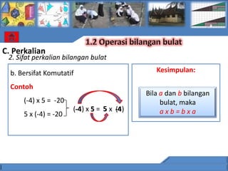 C. Perkalian
 2. Sifat perkalian bilangan bulat

  b. Bersifat Komutatif                        Kesimpulan:

  Contoh
                                            Bila a dan b bilangan
      (-4) x 5 = -20                             bulat, maka
                       (-4) x 5 = 5 x -4
                        -4            (4)        axb=bxa
      5 x (-4) = -20
 