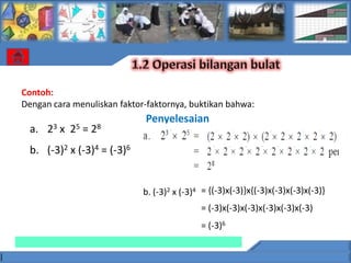 Contoh:
Dengan cara menuliskan faktor-faktornya, buktikan bahwa:
                             Penyelesaian
 a. 23 x 25 = 28
 b. (-3)2 x (-3)4 = (-3)6


                             b. (-3)2 x (-3)4 = {(-3)x(-3)}x{(-3)x(-3)x(-3)x(-3)}
                                             = (-3)x(-3)x(-3)x(-3)x(-3)x(-3)
                                             = (-3)6
 