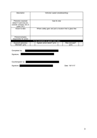 3
Description Vehicles/ speed (skateboarding)
Person(s) exposed
(detail if cast/crew (C),
outside company (O) or
public (P) )
Cast & crew
Action to take Where safety gear and pick a location that is glass free
Person/company
responsible for action
To be completed at agreed later date -
Exposed person(s)
informed? (y/n)
Agreed action taken? (y/n) Risk removed?
(y/n)
Completed by:
Signature;
Countersigned by:
Signature; Date: 19/11/17
 
