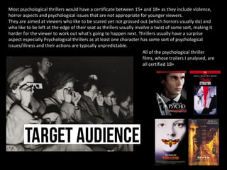 Most psychological thrillers would have a certificate between 15+ and 18+ as they include violence,
horror aspects and psychological issues that are not appropriate for younger viewers.
They are aimed at viewers who like to be scared yet not grossed out (which horrors usually do) and
who like to be left at the edge of their seat as thrillers usually involve a twist of some sort, making it
harder for the viewer to work out what's going to happen next. Thrillers usually have a surprise
aspect especially Psychological thrillers as at least one character has some sort of psychological
issues/illness and their actions are typically unpredictable.
                                                                       All of the psychological thriller
                                                                       films, whose trailers I analysed, are
                                                                       all certified 18+
 