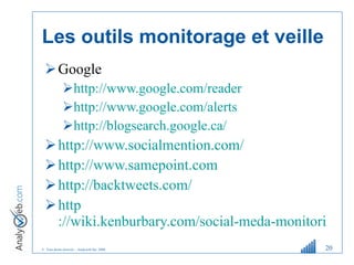 Les outils monitorage et veille Google http ://www.google.com/reader http://www.google.com/alerts http://blogsearch.google.ca/ http://www.socialmention.com/ http:// www.samepoint.com http://backtweets.com/ http ://wiki.kenburbary.com/social-meda-monitoring-wiki   