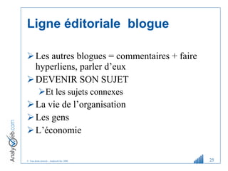 Ligne éditoriale  blogue Les autres blogues = commentaires + faire hyperliens, parler d ’ eux DEVENIR SON SUJET Et les sujets connexes La vie de l ’ organisation Les gens L ’ économie  