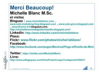 Merci Beaucoup! Michelle Blanc M.Sc.  et visitez  Blogues :  www.michelleblanc.com   ,  www.web-marketing-frog.blogspot.com   ,  www.cote-givre.blogspot.com   ,  www.femme-2-0. blogspot.com ,  http://charlottemaviedegoldendoodle.blogspot.com/   LinkedIn:  http://www.linkedin.com/in/michelleblanc     Plaxo:   Flickr:  www.flickr.com/photos/michel-leblanc/   Facebook:  http://www.facebook.com/pages/Montreal/Page-officielle-de-Michelle-Blanc/332706001491   Twitter:  https://twitter.com/MichelleBlanc   Livre:  http://www.edlogiques.com/ficheProduit.aspx?codeprod=354211    