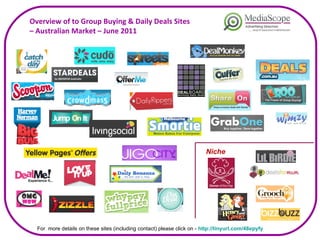 For  more details on these sites (including contact) please click on -  http://tinyurl.com/48epyfy   Overview of to Group Buying & Daily Deals Sites  –  Australian Market – June 2011 Niche 