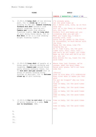 Music Video Script

                     VIDEO                                AUDIO

                                            LYRICS / NARRATION / MUSIC / FX

5.    (2.00-2.30)Long shot of car driving   I'm already gone,
      past. Cut to close up of girls        Let the good times go
      singing in the car. Camera tracking   All I wanna lock, lock, up in this
      forward mid shot around a club        drop top
      people laughing, dancing etc.         Pull up in the Chevy so classy and
      Camera pan round club showing         hot, hot, hot
      flashing lights. Cut to long shot     Pockets full and heavy got you
      of girl doing funny dance. Cut to     screaming what you got got
      Mid Shot of DJ in a club showing      What you tryna say, I know I
      bright flashing lights.               already rock, rock
                                            Gotta let go, pedal to the floor
                                            So incredible, so much better with
                                            the flow
                                            Ready for the show, like I'm
                                            singing hey yo
                                            Do it like a pro, let the good
                                            times roll, roll, roll, roll...
                                            And let's go all night, all night
                                            Wake up the club and let's go all
                                            out, all out
                                            More drinks for us, toast for the
                                            good times

6.    (2.30-3.00)Long shot of people at a   Where they last forever, we're
      house party, dancing drinking and     youngs, yeah the good times
      laughing. Camera pan around house     Raise your glass, let's all have
      party showing everyone there. Cut     some fun
      to mid shot and pan around shot of
      group of people singing along         [Chorus]
      outside in daylight. Cut to Extreme   Love is nice when it's understood
      close up of girl winking.             Even nicer when it makes you feel
                                            good
                                            You got me trippin' why our love
                                            is old
                                            Come on baby, let the good times
                                            roll
                                            Come on baby, let the good times
                                            roll
                                            Come on baby, let the good times
                                            roll
                                            Come on baby, let the good times
                                            roll

7.    (3.00-3.11)Cut to mid shot of group   Come on baby, let the good times
      of girls laughing in a pub, fade
                                            roll
      out to blackness. END.
                                            Come on baby, let the good times
                                            roll
8.
9.
10.
11.
12.
 