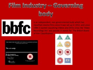 Is an independent, non governmental body which has
classified cinema films since it was set up in 1912, and since
1984 it started classifying Videos and DVDs since the ‘Video
Recordings Act’ was passed. It stands for ‘The British Board
of Film Classification’
 