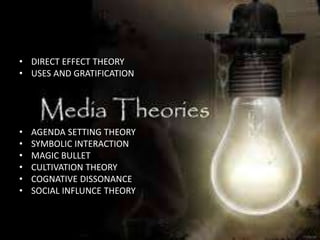 • DIRECT EFFECT THEORY
• USES AND GRATIFICATION
• AGENDA SETTING THEORY
• SYMBOLIC INTERACTION
• MAGIC BULLET
• CULTIVATION THEORY
• COGNATIVE DISSONANCE
• SOCIAL INFLUNCE THEORY
 