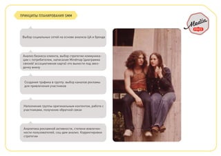 ПРИНЦИПЫ ПЛАНИРОВАНИЯ SMM
Выбор социальных сетей на основе анализа ЦА и бренда
Анализ бизнеса клиента, выбор стратегии коммуника-
ции с потребителем, написание Mindmap (диаграмма
связей/ ассоциативная карта)-это вынести под звез-
дочку внизу
Создания трафика в группу: выбор каналов рекламы
для привлечения участников
Наполнение группы оригинальным контентом, работа с
участниками, получение обратной связи
Аналитика рекламной активности, степени вовлечен-
ности пользователей, соц-дем анализ. Корректировки
стратегии
 