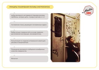 выбор рекламного инстурумента (звуковая реклама,
лайтбоксы, путевые щиты, сткиеры в вагонах и т.п.)
Составление плана, решающего поставленные задачи
Выбор лучших поверхностей на основе привязок,
расположения конструкции, пассажиропотока.
Консультация по созданию оптимального макета для
рекламы в метрополитене
Размещение рекламного сообщения на выбранных
клиентом поверхностях.
Фотоотчет
ПРИНЦИПЫ ПЛАНИРОВАНИЯ РЕКЛАМЫ В МЕТРОПОЛИТЕНЕ
 