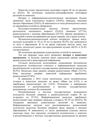 67
Новостям отдает предпочтение аудитория старше 50 лет (в среднем
по 82,6%). По остальным социально-демографическим категориям
различий не выявлено.
Интерес к информационно-аналитическим программам больше
проявляют люди пенсионного возраста (39,0%), граждане, имеющие
высшее образование (29,6%). В зависимости от пола респондентов и места
их проживания отличий не обнаружено.
Культурно-познавательные выпуски больше предпочитают
респонденты пенсионного возраста (32,6%), женщины (27,7%),
радиослушатели с высшим образованием (25,7%). Данные программы в
одинаковой степени востребованы как среди горожан, так и среди сельчан.
Музыкально-развлекательный контент интересует, прежде всего,
молодую аудиторию от 18 до 39 лет (в среднем 56,5%), вне зависимости
от пола и образования. В то же время городские жители чаще, чем
сельские, используют радио для прослушивания музыки (46,9% и 22,4%
соответственно).
По остальным программам существенных отличий не выявлено.
Так как граждане чаще всего проявляют интерес к новостным
программам, то большое значение имеет определение уровня доверия
радиослушателей к транслируемой информации.
Согласно результатам исследования, подавляющее большинство
респондентов положительно относятся к информационным выпускам
республиканских и местных государственных радиоканалов (в среднем по
82,5%). Несколько ниже уровень доверия радиостанции «Мир» (72,1%).
Реже население доверяет новостной информации зарубежных
радиостанций (57,0%).
В сравнении с 2012 годом увеличилось число положительных
отзывов о новостных выпусках на радио «Мир» (на 6,3%) и на
зарубежных радиостанциях (на 13,6%). Отношение к информации,
освещаемой в республиканских и местных государственных
радиоканалах, осталось без изменений.
Республиканские и местные государственные радиоканалы
пользуются большим доверием у радиослушателей старше 50 лет
(в среднем по 87,2%). Информационным выпускам зарубежных
радиостанций чаще доверяют граждане в возрасте 30–39 лет (65,6%). По
гендерным признакам существенных различий не выявлено.
Информационные выпуски всех рассматриваемых радиостанций
пользуются несколько большим доверием среди граждан с высшим
образованием. В зависимости от места проживания сельские жители
несколько чаще, чем городские, отзываются положительно о новостях
в республиканских и местных государственных радиоканалах (в среднем
 