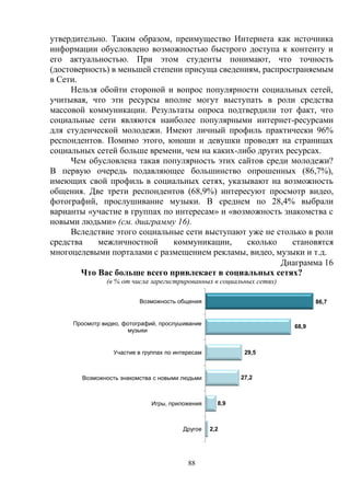 88
утвердительно. Таким образом, преимущество Интернета как источника
информации обусловлено возможностью быстрого доступа к контенту и
его актуальностью. При этом студенты понимают, что точность
(достоверность) в меньшей степени присуща сведениям, распространяемым
в Сети.
Нельзя обойти стороной и вопрос популярности социальных сетей,
учитывая, что эти ресурсы вполне могут выступать в роли средства
массовой коммуникации. Результаты опроса подтвердили тот факт, что
социальные сети являются наиболее популярными интернет-ресурсами
для студенческой молодежи. Имеют личный профиль практически 96%
респондентов. Помимо этого, юноши и девушки проводят на страницах
социальных сетей больше времени, чем на каких-либо других ресурсах.
Чем обусловлена такая популярность этих сайтов среди молодежи?
В первую очередь подавляющее большинство опрошенных (86,7%),
имеющих свой профиль в социальных сетях, указывают на возможность
общения. Две трети респондентов (68,9%) интересуют просмотр видео,
фотографий, прослушивание музыки. В среднем по 28,4% выбрали
варианты «участие в группах по интересам» и «возможность знакомства с
новыми людьми» (см. диаграмму 16).
Вследствие этого социальные сети выступают уже не столько в роли
средства межличностной коммуникации, сколько становятся
многоцелевыми порталами с размещением рекламы, видео, музыки и т.д.
Диаграмма 16
Что Вас больше всего привлекает в социальных сетях?
(в % от числа зарегистрированных в социальных сетях)
86,7
68,9
29,5
27,2
8,9
2,2
Возможность общения
Просмотр видео, фотографий, прослушивание
музыки
Участие в группах по интересам
Возможность знакомства с новыми людьми
Игры, приложения
Другое
 
