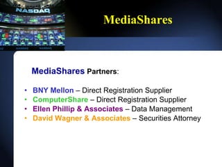 MediaShares MediaShares  Partners : BNY Mellon  C Direct Registration Supplier ComputerShare  C Direct Registration Supplier Ellen Phillip & Associates  C Data Management David Wagner & Associates  C Securities Attorney 