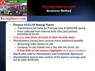 RacingShares.com Business Method Finance   NASCAR  Racing Teams Tremendous fan base for Formula One & NASCAR racing Fans collected from Internet Web sites and product promotional tie-ins Fans buy  one share of stock in their favorite team Shareholders (racing fans) receive many additional benefits: Streaming video access to pits Contests for pits tickets and a day with the driver, etc A free DVD of the season highlights  as a stock dividend Stock also sold to Advertisers and Corporate Sponsors Shareholders receive their portion of the teams winnings paid out as cash dividends 