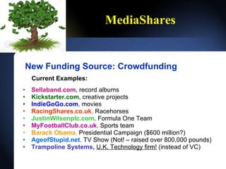 MediaShares New Funding Source: Crowdfunding   Current   Examples: Sellaband.com , record albums Kickstarter.com , creative projects IndieGoGo.com ,  movies RacingShares.co.uk ,  Racehorses JustinWilsonplc.com,  Formula One Team MyFootballClub.co.uk ,  Sports team Barack Obama ,  Presidential Campaign ($600 million?) AgeofStupid.net ,  TV Show (Not! C raised over 800,000 pounds) Trampoline Systems,   U.K. Technology firm!  (instead of VC) 