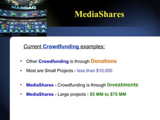 MediaShares Current  Crowdfunding  examples: Other  Crowdfunding  is through  Donations Most are Small Projects -  less than $10,000 MediaShares -  Crowdfunding is through  Investments MediaShares  - Large projects -  $5 MM to $75 MM 