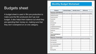 Budgets sheet
A budget sheet is used in film pre production to
make sure the film producers don’t go over
budget. It also helps them balance out what they
are spending their money on, making sure that
they don’t overspend on on one category.
 