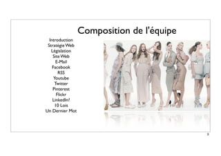 Composition de l'équipe
Introduction
Stratégie Web
Législation
Site Web
E-Mail
Facebook
RSS
Youtube
Twitter
Pinterest
Flickr
LinkedIn?
10 Lois
Un Dernier Mot
3
 