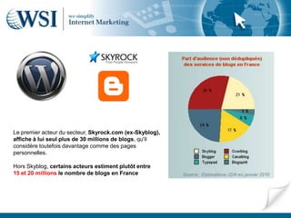 Le premier acteur du secteur, Skyrock.com (ex-Skyblog),
affiche à lui seul plus de 30 millions de blogs, qu'il
considère toutefois davantage comme des pages
personnelles.

Hors Skyblog, certains acteurs estiment plutôt entre
15 et 20 millions le nombre de blogs en France
 